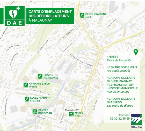 Carte d'emplacement des defibrillateurs a Malaunay