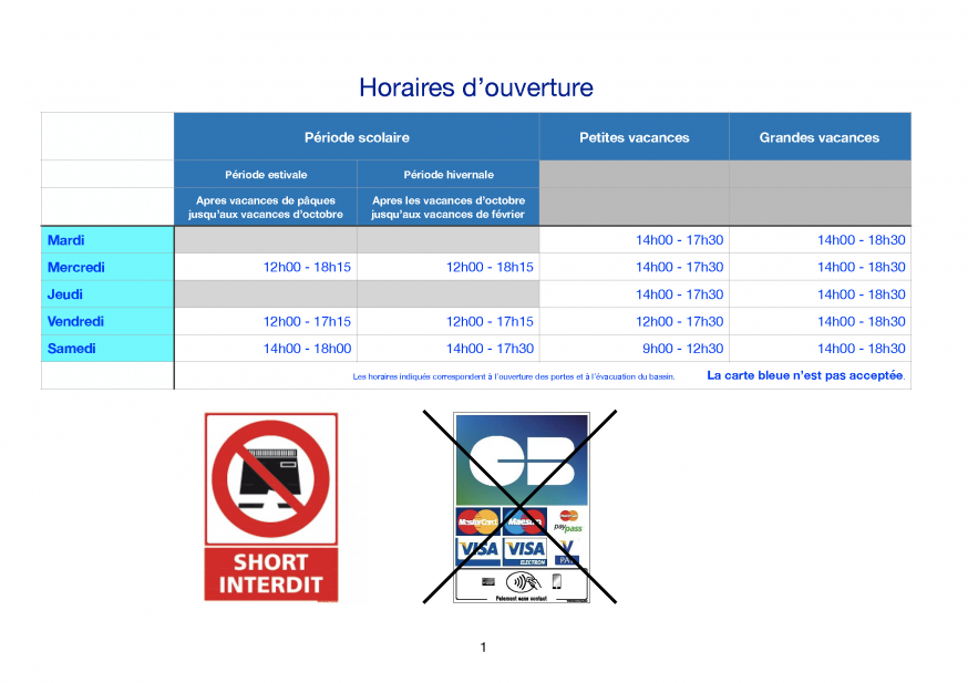 horaires d'ouverture piscine 2022